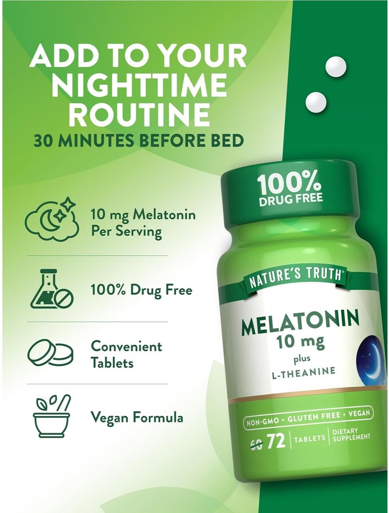 Nature's Truth Melatonin 10mg Tablets with L-Theanine – Sleep Support Supplement, Non-GMO, Vegan, Gluten Free, 72 Tablets - Image 4