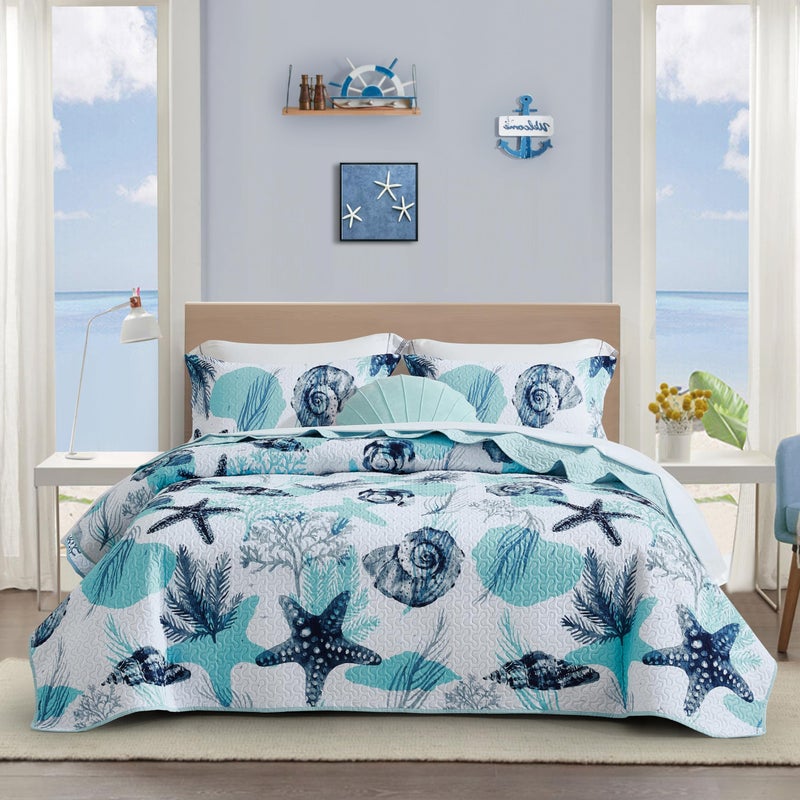 Tritard 3 Piece Coastal Quilt Sets King Size Nautical Reversible Lightweight Bedspread Coverlet with 2 Shams Blue Starfish Conch Beach Microfiber Bedding Quilt Set for All Season 106x96