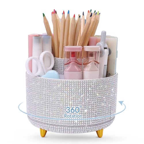 SKYDUE 360 Degree Rotating Desk Organizer Shining DualPurpose Rhinestone Pencil Pen Holder Rotating Desk Pen Organizer with 5 Slots Rhinestone Pencil Cup for Office School Home - Image 1