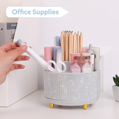 SKYDUE 360 Degree Rotating Desk Organizer Shining DualPurpose Rhinestone Pencil Pen Holder Rotating Desk Pen Organizer with 5 Slots Rhinestone Pencil Cup for Office School Home - Image 3