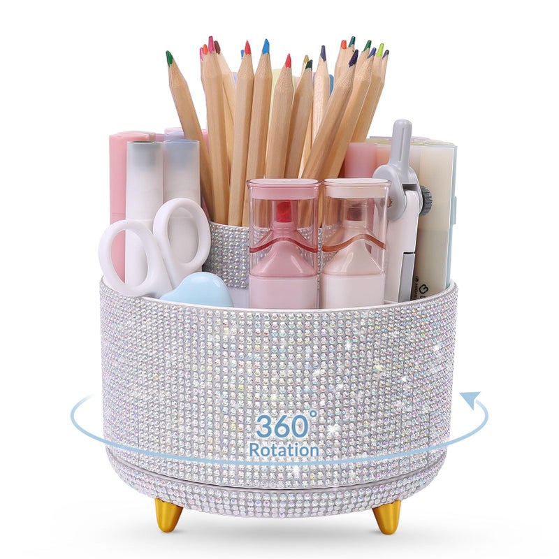 SKYDUE 360 Degree Rotating Desk Organizer Shining DualPurpose Rhinestone Pencil Pen Holder Rotating Desk Pen Organizer with 5 Slots Rhinestone Pencil Cup for Office School Home - Image 2