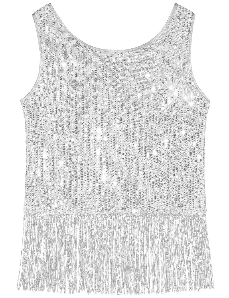 Noomelfish Girls Sequin Fringe Crop Tops Tassel Sparkly Glitter Dance Sleeveless Tank Shirt, Silver White, Size 7-8 Years - Image 1