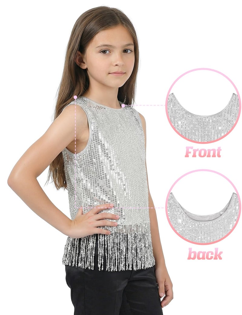 Noomelfish Girls Sequin Fringe Crop Tops Tassel Sparkly Glitter Dance Sleeveless Tank Shirt, Silver White, Size 7-8 Years - Image 3