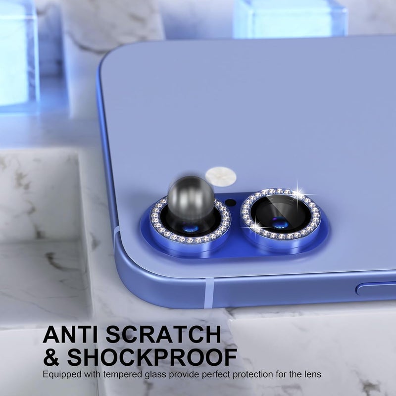 Choiche Compatible for iPhone 16 /iPhone 16 Plus Camera Lens Protector Bling, 9H Tempered Glass Camera Cover Screen Protector Metal Ring Decoration Accessories(Diamond-Ultramarine) - Image 3