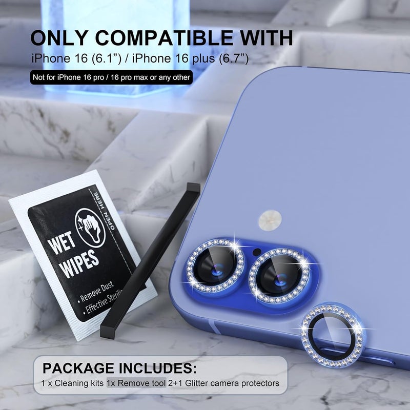 Choiche Compatible for iPhone 16 /iPhone 16 Plus Camera Lens Protector Bling, 9H Tempered Glass Camera Cover Screen Protector Metal Ring Decoration Accessories(Diamond-Ultramarine) - Image 2