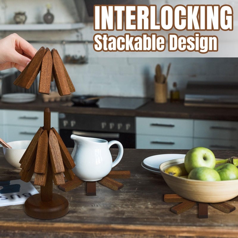 Suzile 2 Set Wooden Trivets For Hot Dishes Tree Shape Trivet Set Wood Table Mat Tree Design Trivet Mats Foldable Heat Resistant Pads For Teapot Pans Bowl Kitchen(Brown 4 Layers) - Image 5
