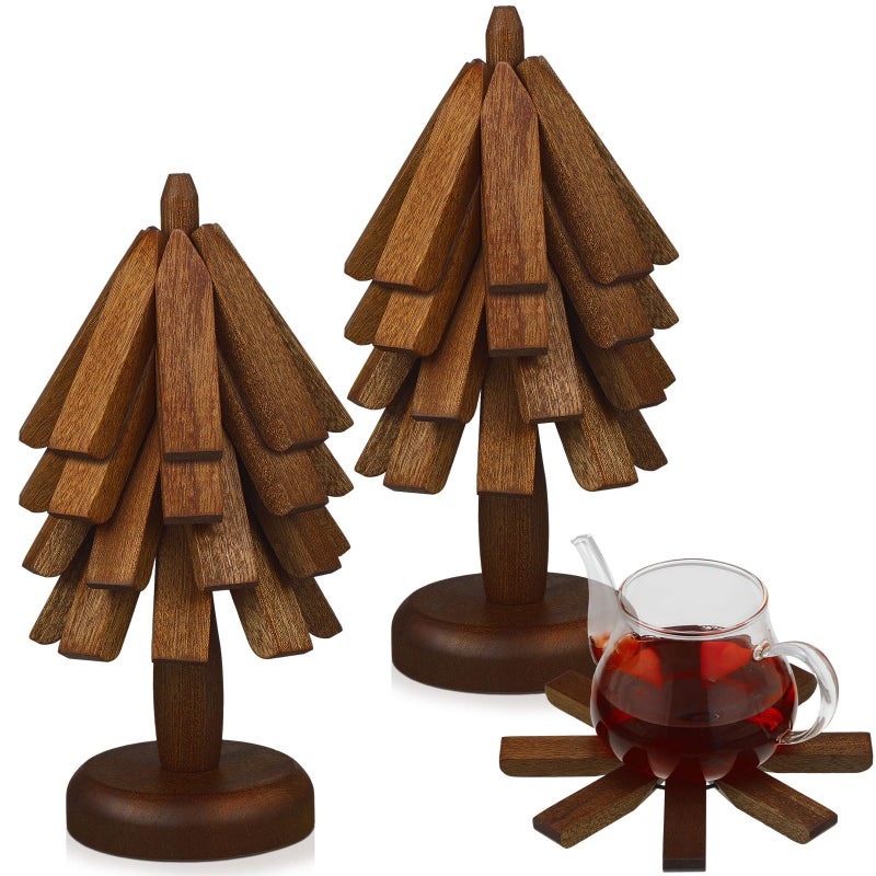 Suzile 2 Set Wooden Trivets For Hot Dishes Tree Shape Trivet Set Wood Table Mat Tree Design Trivet Mats Foldable Heat Resistant Pads For Teapot Pans Bowl Kitchen(Brown 4 Layers) - Image 1