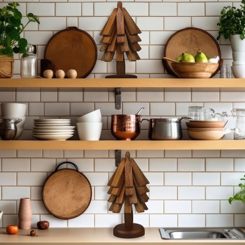 Suzile 2 Set Wooden Trivets For Hot Dishes Tree Shape Trivet Set Wood Table Mat Tree Design Trivet Mats Foldable Heat Resistant Pads For Teapot Pans Bowl Kitchen(Brown 4 Layers) - Image 2