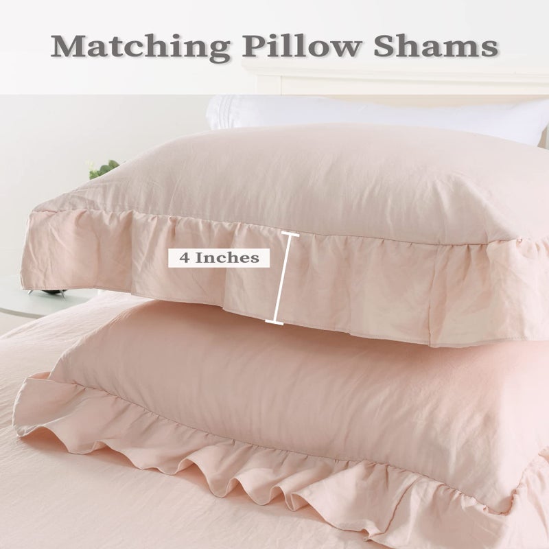 CAROMIO Pink Ruffle Duvet Cover Queen Size, 3PCS Soft Washed Microfiber Vintage French Country Duvet Cover Set for Queen Bed, Pink, 90x90 in - Image 3