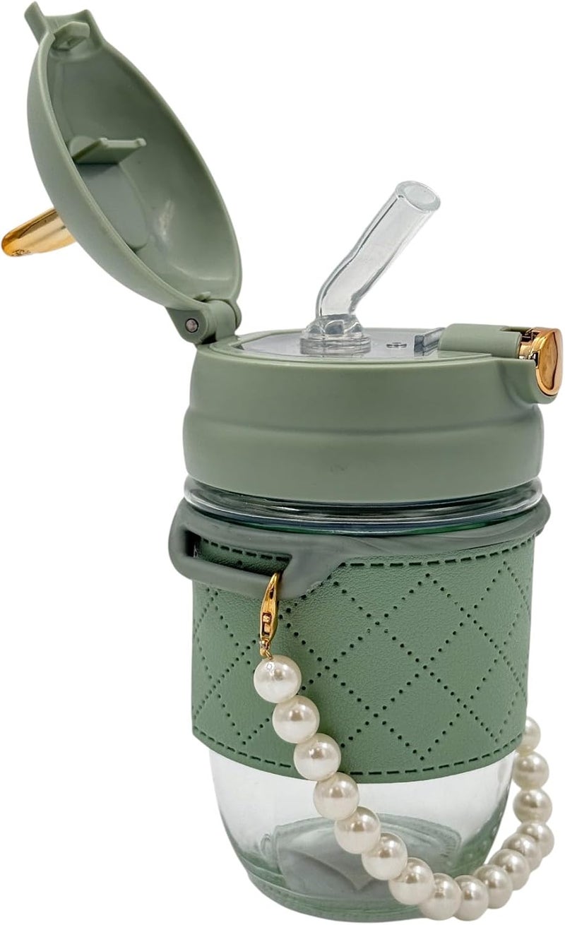 B&D Elegant Glass Cup with Straw and Pearl Chain, Sage Green Quilted Leather Sleeve, Gold Crown Lid, 300ml - Image 2