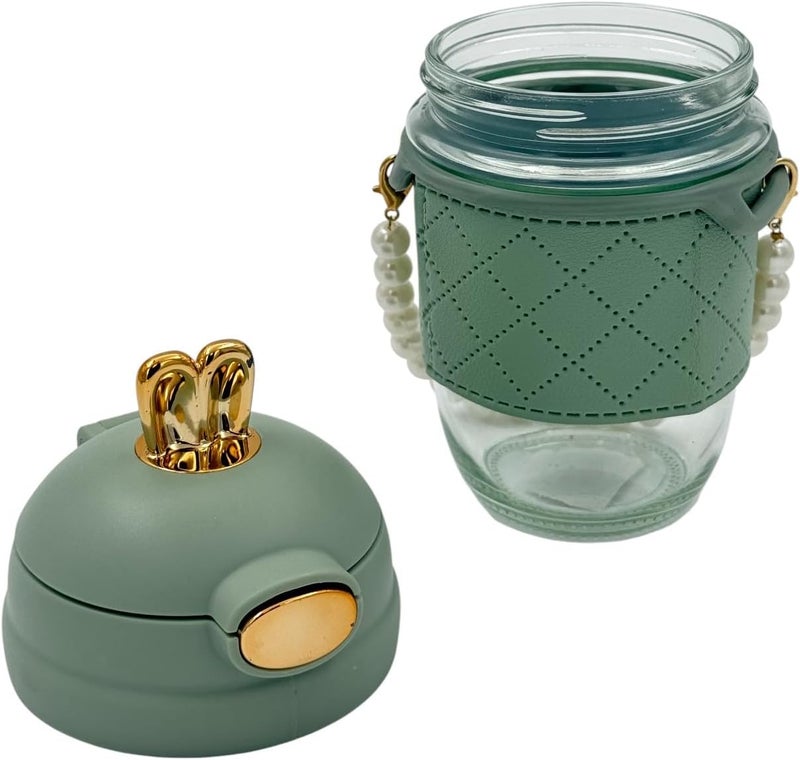 B&D Elegant Glass Cup with Straw and Pearl Chain, Sage Green Quilted Leather Sleeve, Gold Crown Lid, 300ml - Image 3