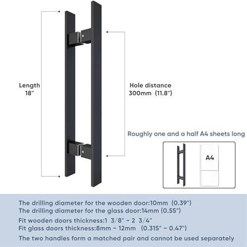 BARNSMITH 18" Barn Door Push Pull Handle,Heavy Duty Grade-304 Stainless Steel Square Commercial Door Handle,Entrance Entry Front, Office Handle Pull Set for Wood Glass Panel,Black - Image 2