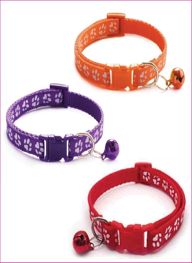 Litvibes Cat Collars Set of 3 with Bell,Kitten & Small Soft Adjustable Collar Safe,Solid & Protection Breakaway for Cats & Puppies,Cute Kitty Neckband with Paw Print- Orange,Purple,Red - Image 1