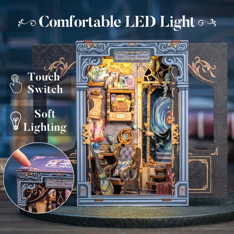 CUTEBEE Book Nook Kit - DIY Miniature House Dollhouse Kit for Adults and Teens, Booknook Tiny House Bookshelf Decor 3D Wooden Puzzle, Gifts for Family Friends (Soul Travel Agency) - Image 5