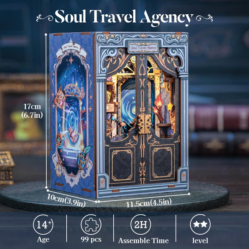 CUTEBEE Book Nook Kit - DIY Miniature House Dollhouse Kit for Adults and Teens, Booknook Tiny House Bookshelf Decor 3D Wooden Puzzle, Gifts for Family Friends (Soul Travel Agency) - Image 4