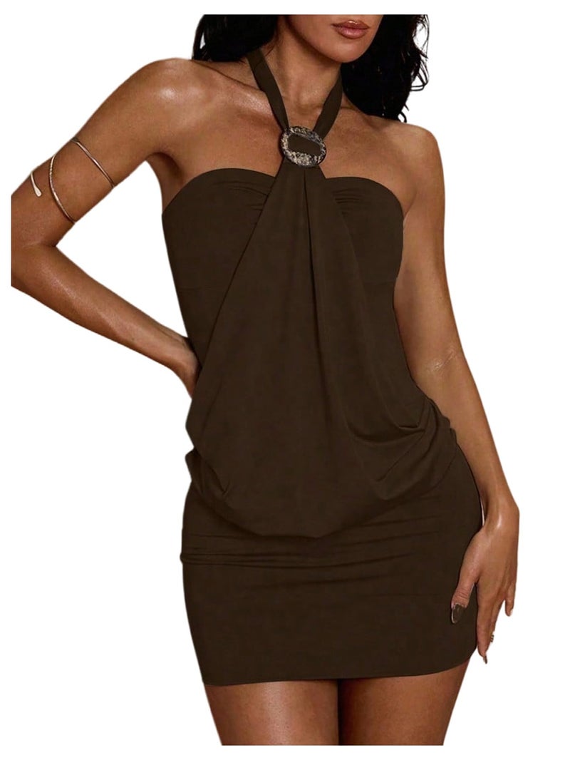 MakeMeChic Women's Ruffle Mini Dress Y2k Backless Sleeveless Western Going Out Halter Dresses Brown Large - Image 1