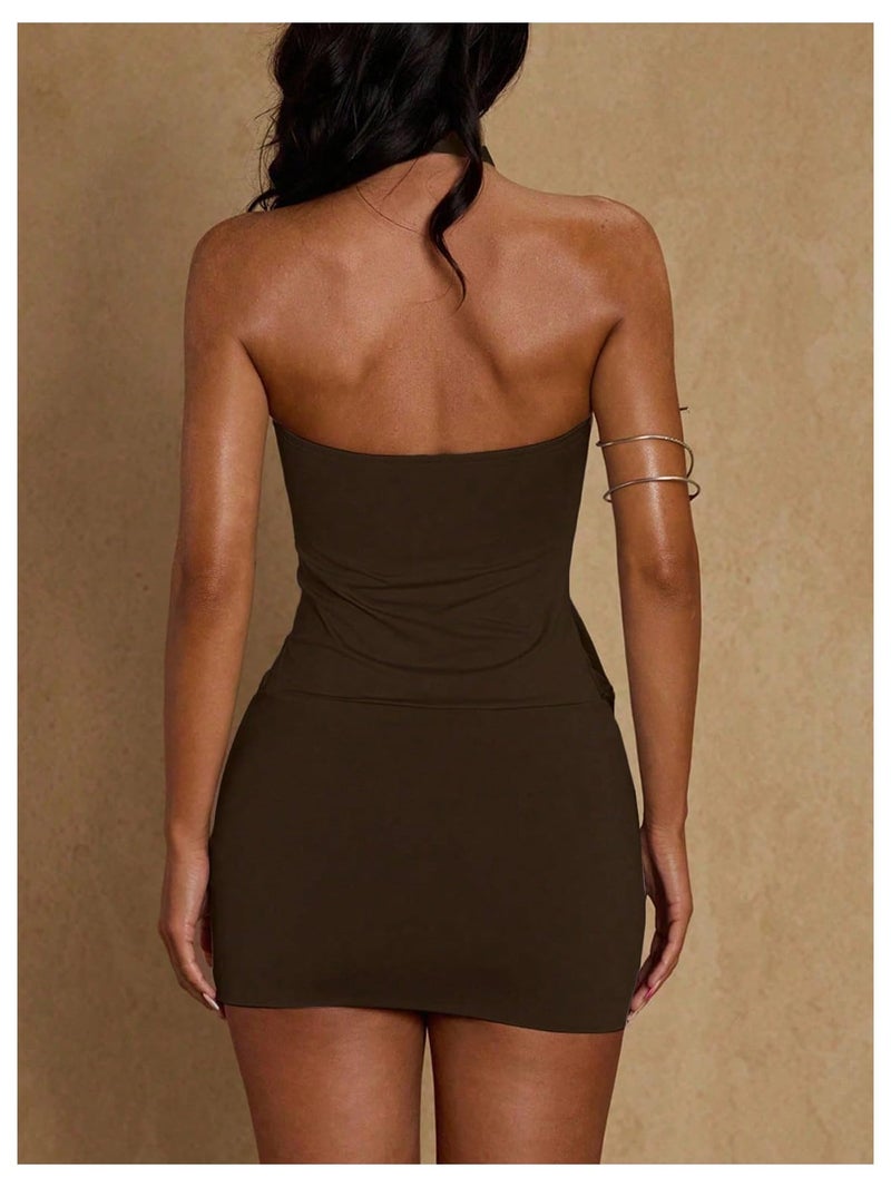 MakeMeChic Women's Ruffle Mini Dress Y2k Backless Sleeveless Western Going Out Halter Dresses Brown Large - Image 3