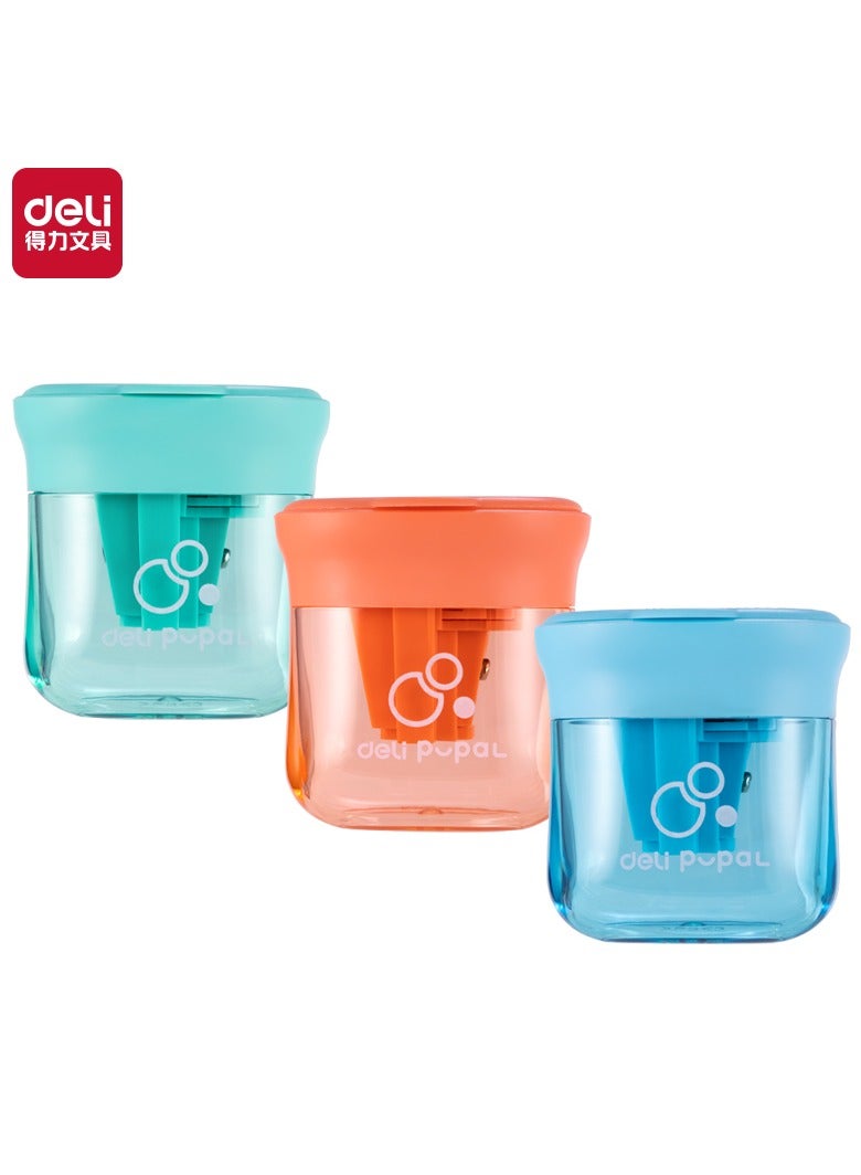 Deli مبراة أقلام يدوية دلي VB156 بثلاث فتحات، ثقوب 6/8/10 مم، صندوق شفرات مرئي محكم - أحمر/أخضر/أزرق