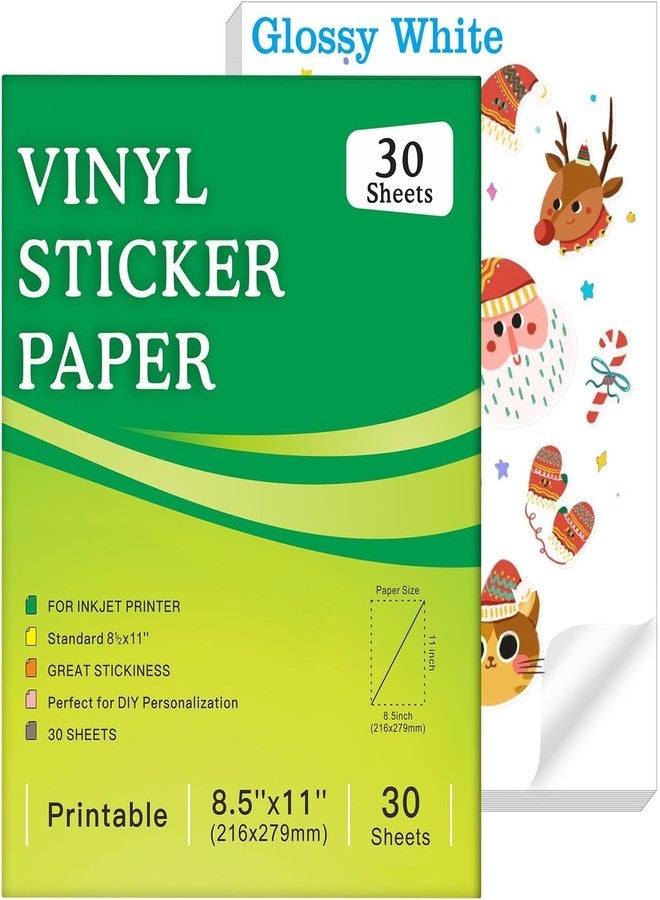 Aevdor 30 Sheets Premium Printable Vinyl Sticker Paper for Inkjet Printer, Glossy White Waterproof, Dries Quickly, Vivid Colors, Tear Resistant, 8.5x11 Inkjet Vinyl Sticker Paper Great for Cutting Machines - Image 1