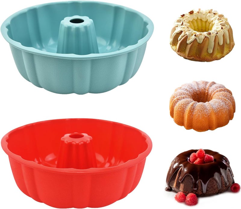 PADELE 2 Pack Silicone Bundt Cake Pan Nonstick,10 Inch, Silicone Cake Molds,Pound Cake Pan, Baking for Jello,Gelatin,Cake,Brownie and Bread (Red+Blue) - Image 1