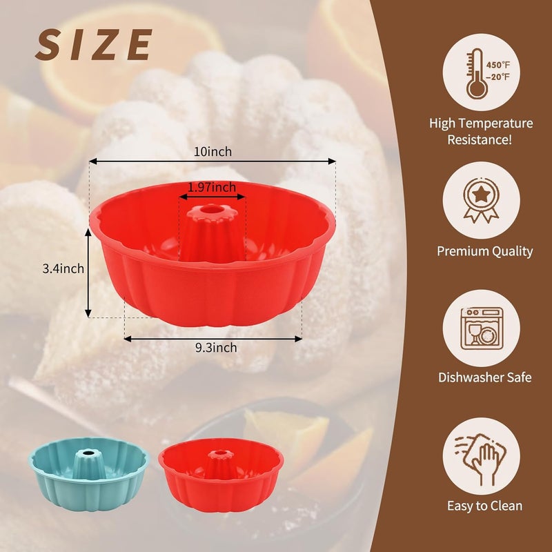 PADELE 2 Pack Silicone Bundt Cake Pan Nonstick,10 Inch, Silicone Cake Molds,Pound Cake Pan, Baking for Jello,Gelatin,Cake,Brownie and Bread (Red+Blue) - Image 2