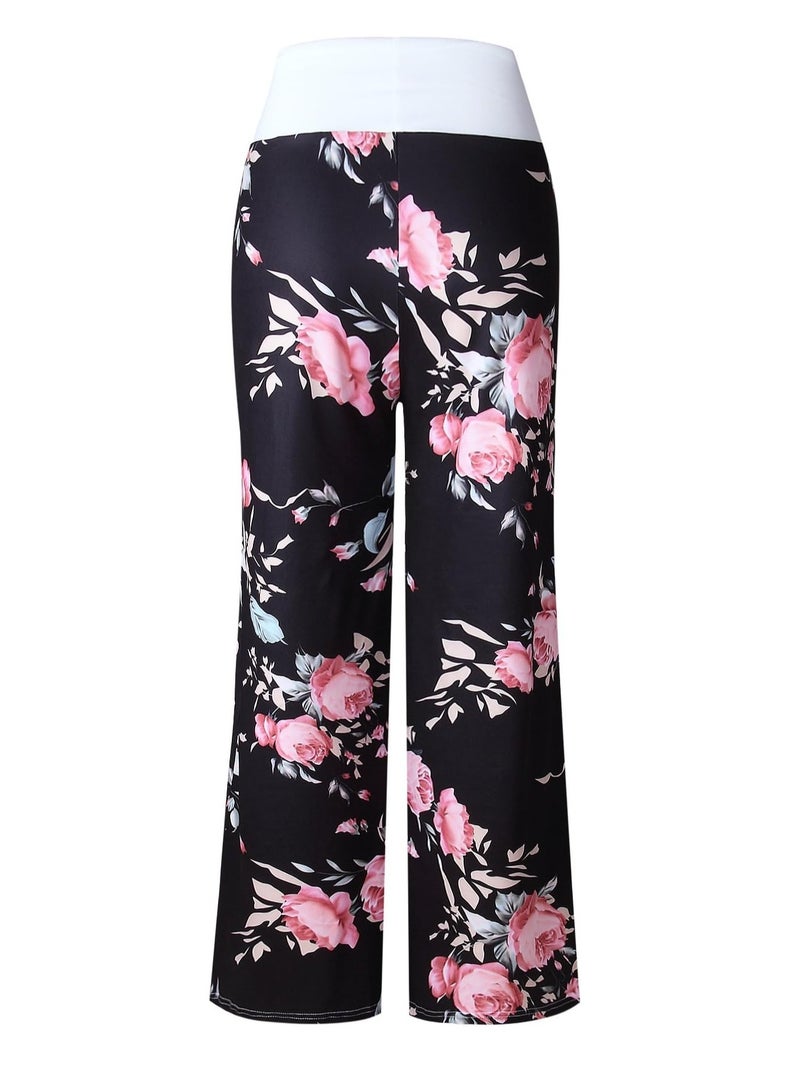 iChunhua Women's Comfy Stretch Floral Print Drawstring Palazzo Wide Leg Lounge Pant  - Image 1