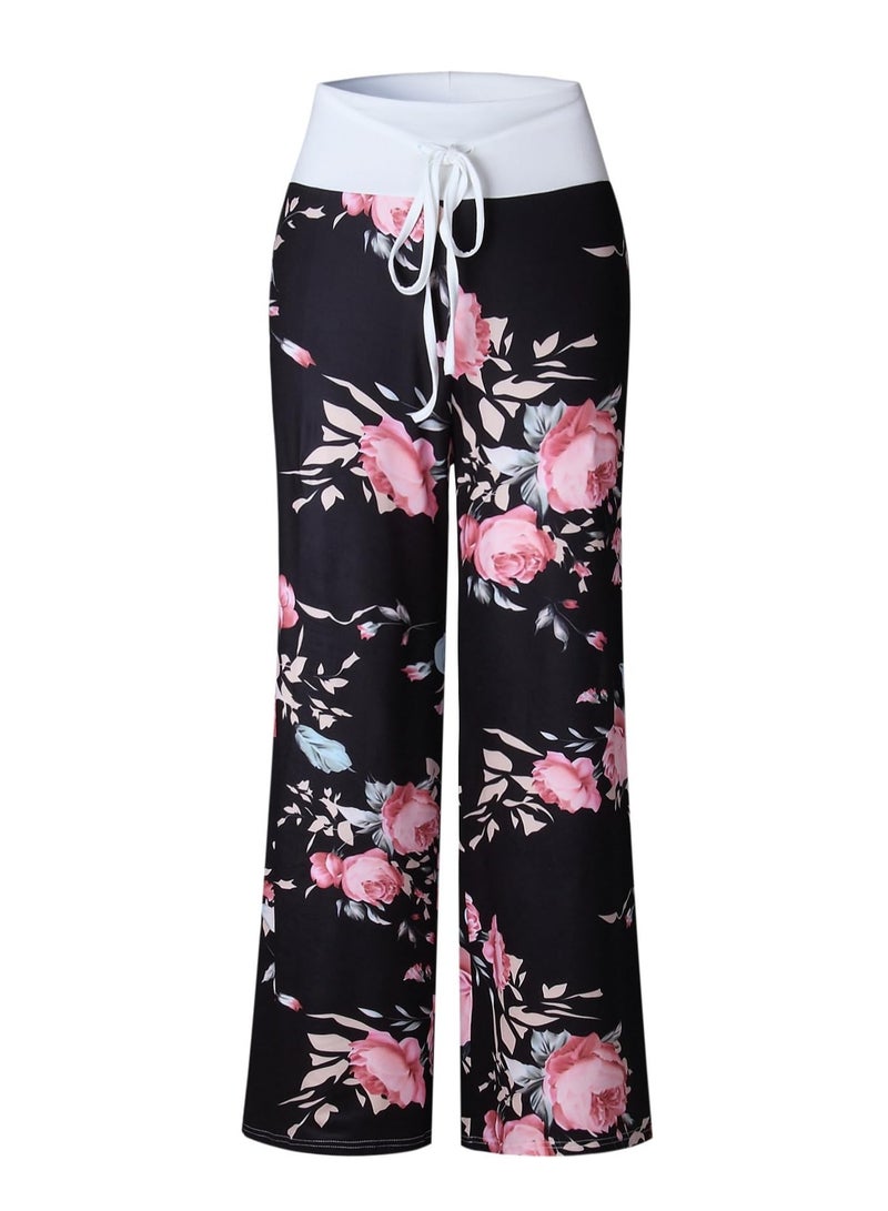 iChunhua Women's Comfy Stretch Floral Print Drawstring Palazzo Wide Leg Lounge Pant  - Image 2