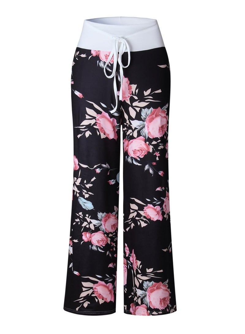 iChunhua Women's Comfy Stretch Floral Print Drawstring Palazzo Wide Leg Lounge Pant  - Image 4