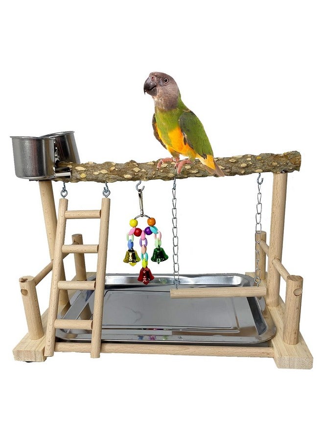 Kathson - Parrots Playground Bird Perch Wood Playstand Stand With Ladder Swing Feeder Cups Chew Toy For Parakeet Conure Cockatiel Budgie Lovebird Finch Small Birds - Image 1