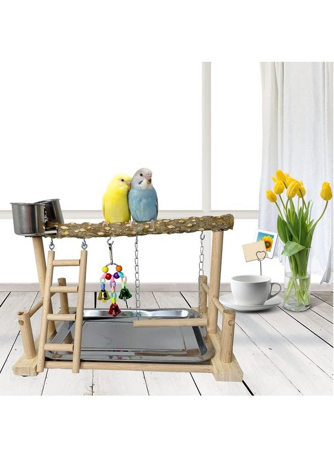 Kathson - Parrots Playground Bird Perch Wood Playstand Stand With Ladder Swing Feeder Cups Chew Toy For Parakeet Conure Cockatiel Budgie Lovebird Finch Small Birds - Image 1