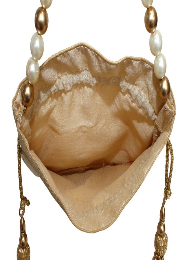 MILAN'S CREATION Zardosi Potli Bag Hand Embroidery Drawstring Potli Women's Handbag Purse With Pearl Handle & Tassel Purse (Gold) - Image 5