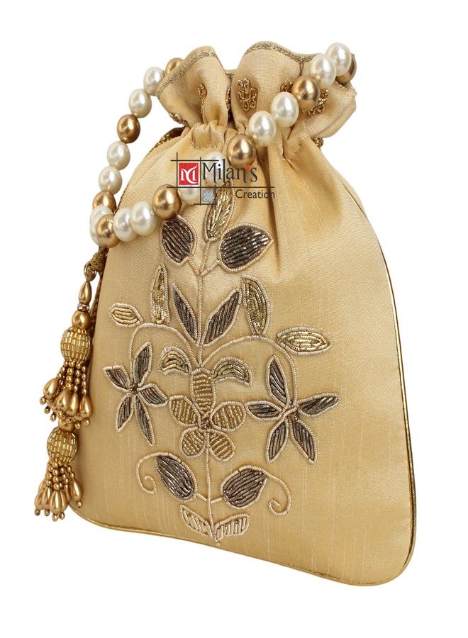 MILAN'S CREATION Zardosi Potli Bag Hand Embroidery Drawstring Potli Women's Handbag Purse With Pearl Handle & Tassel Purse (Gold) - Image 3
