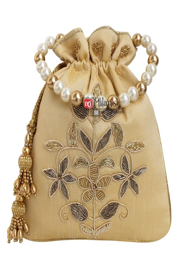 MILAN'S CREATION Zardosi Potli Bag Hand Embroidery Drawstring Potli Women's Handbag Purse With Pearl Handle & Tassel Purse (Gold) - Image 1