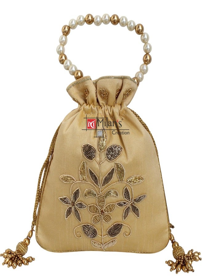 MILAN'S CREATION Zardosi Potli Bag Hand Embroidery Drawstring Potli Women's Handbag Purse With Pearl Handle & Tassel Purse (Gold) - Image 2