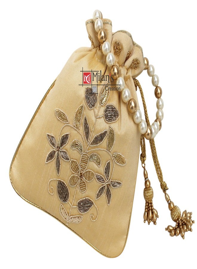 MILAN'S CREATION Zardosi Potli Bag Hand Embroidery Drawstring Potli Women's Handbag Purse With Pearl Handle & Tassel Purse (Gold) - Image 4