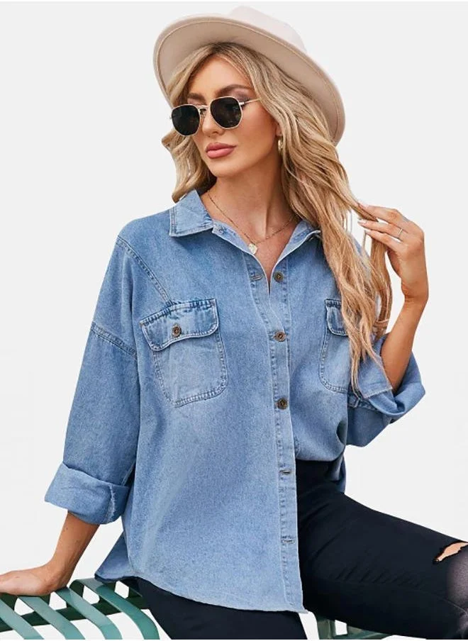 YUNIQEE Blue Collared Long Sleeve Shirt