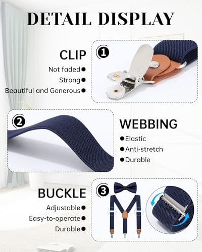 WELROG Child Boys Adjustable Silk Bowties & Suspender Sets Y Back Metal Clips Genuine Leather Suspenders (Navy blue + Navy blue bowtie) - Image 4