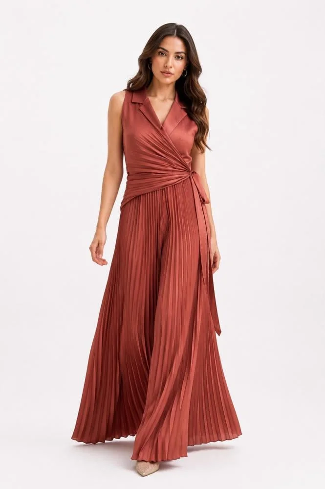 Opera Fashion Terracotta Satin Jumpsuit with Pleated Wide Legs