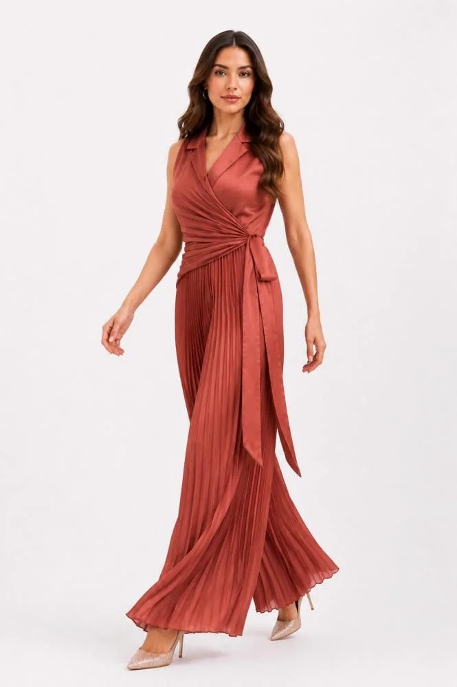 Opera Fashion Terracotta Satin Jumpsuit with Pleated Wide Legs