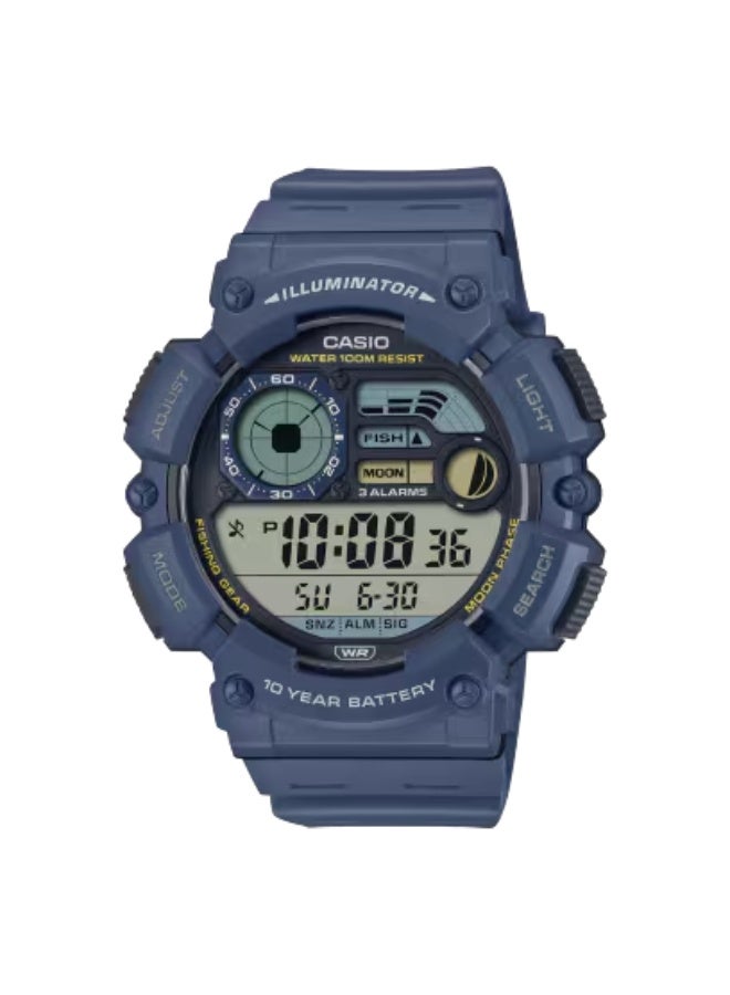 ساعة كاسيو WS-1500H-2AVDF الرياضية الرقمية للرجال - مقاومة للماء حتى عمق 100 متر، وبيانات المد والجزر، وبيانات القمر، وتوقيت مزدوج، وإضاءة خلفية LED، وبطارية تدوم 10 سنوات، وساعة إيقاف، ومنبه، وسوار من الراتنج الأزرق، وساعة مغامرات