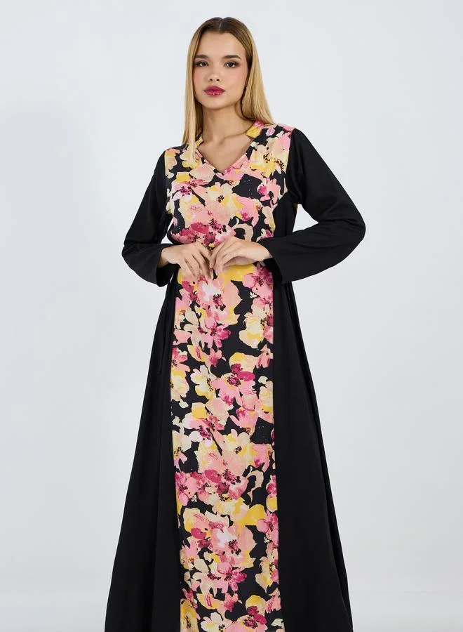Styli Styli Floral Front Panel Jalabiya with Side Tie Up Detail