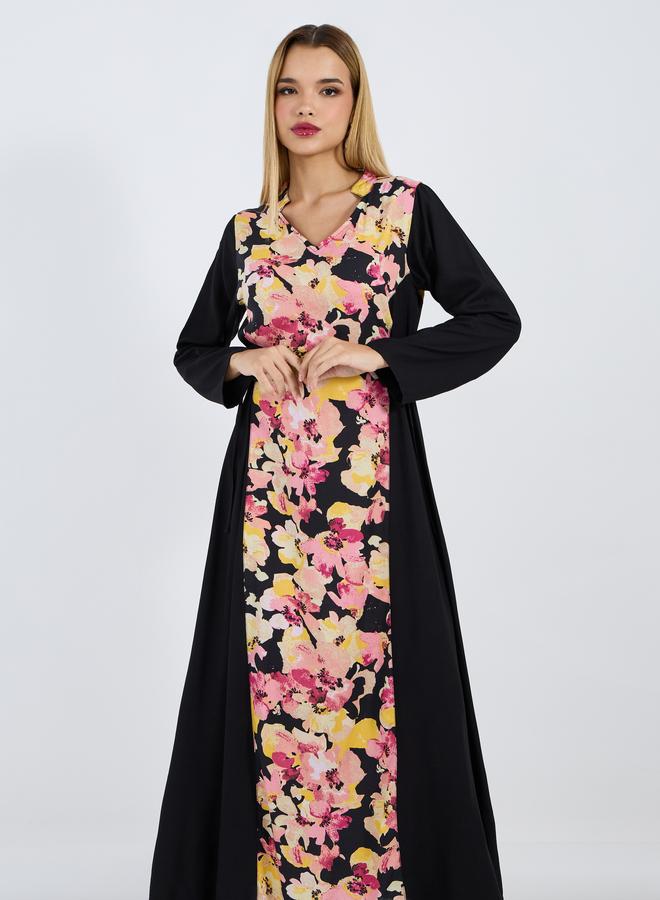 ستايلي جلابية طويلة مطبعة بزهور مع أربطة جانبية - Image 2