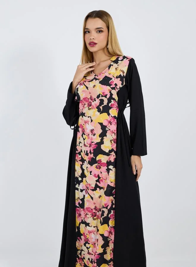 Styli Styli Floral Front Panel Jalabiya with Side Tie Up Detail