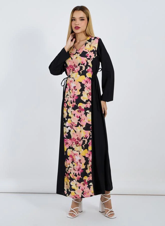Styli Styli Floral Front Panel Jalabiya with Side Tie Up Detail