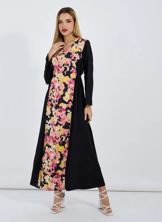 Styli Styli Floral Front Panel Jalabiya with Side Tie Up Detail