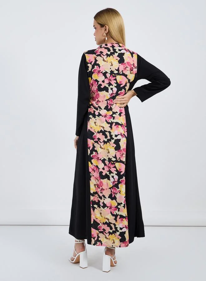 Styli Styli Floral Front Panel Jalabiya with Side Tie Up Detail