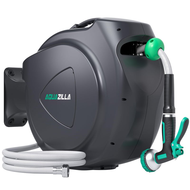 AQUAZILLA بكرة خرطوم حديقة قابلة للسحب، 65 قدم + 6 قدم 5/8" بكرة خرطوم ماء متينة مثبتة على الحائط مع حامل دوار بزاوية 180 درجة، رشاش بـ 9 أنماط، خرطوم رئيسي بطول 6 أقدام، إعادة لف تلقائية سلسة، قفل بأي طول. - Image 1