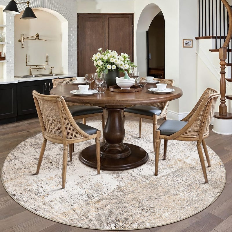 WondRg 8x8 Washable Round Rug Beige Grey Abstract Living Room Bedroom Area Rug Neutral Modern Non Slip Soft Low Pile Indoor Carpet for Dining Room Office Entryway - Image 3