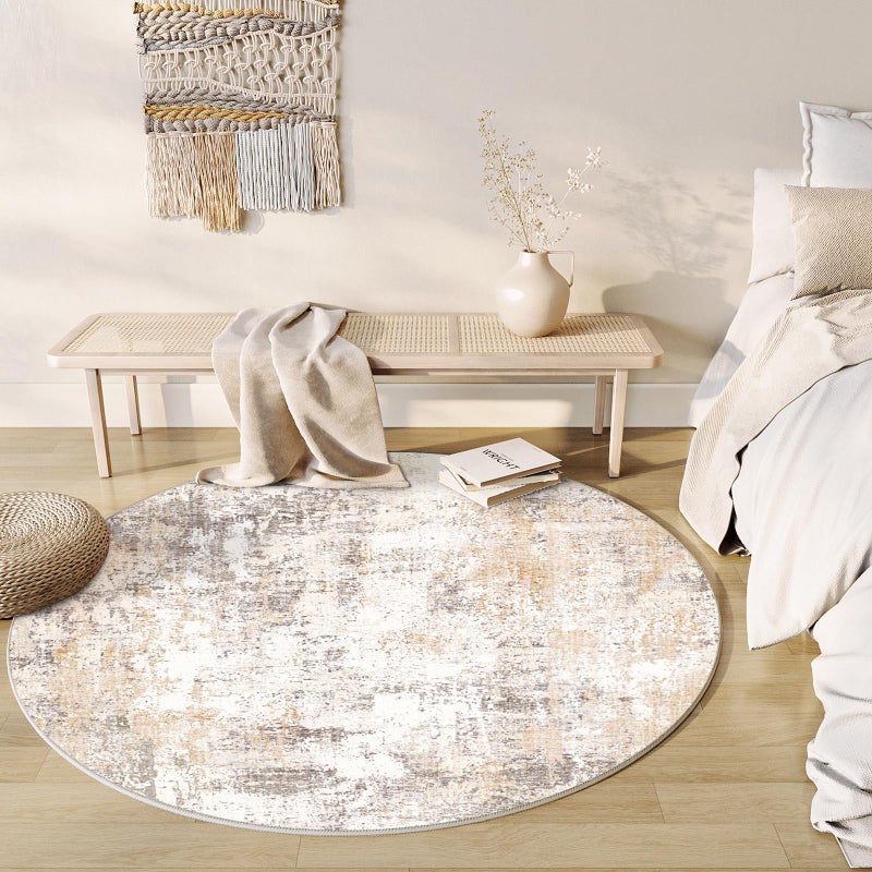 WondRg 8x8 Washable Round Rug Beige Grey Abstract Living Room Bedroom Area Rug Neutral Modern Non Slip Soft Low Pile Indoor Carpet for Dining Room Office Entryway - Image 2
