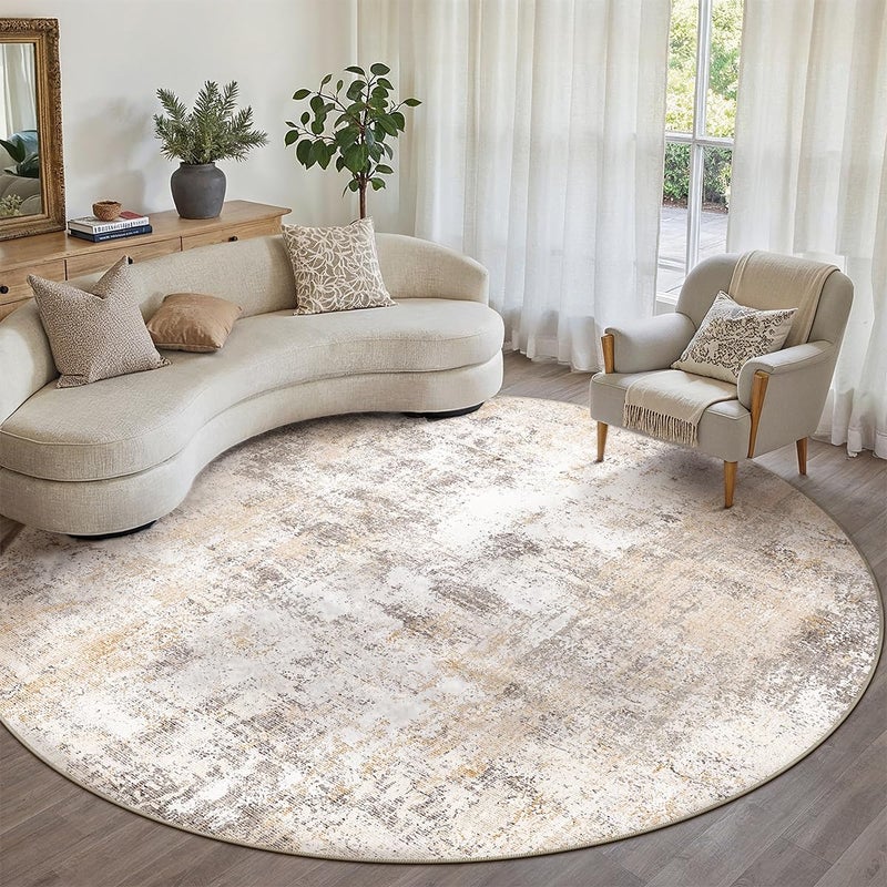 WondRg 8x8 Washable Round Rug Beige Grey Abstract Living Room Bedroom Area Rug Neutral Modern Non Slip Soft Low Pile Indoor Carpet for Dining Room Office Entryway - Image 1